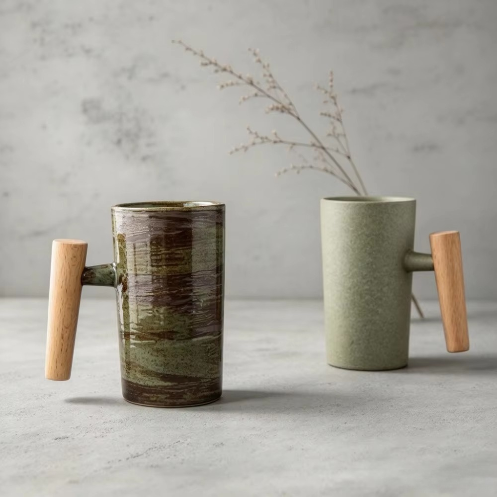 Japanese Tea - 일본풍 디자인의 도자기 커피 머그, 나무