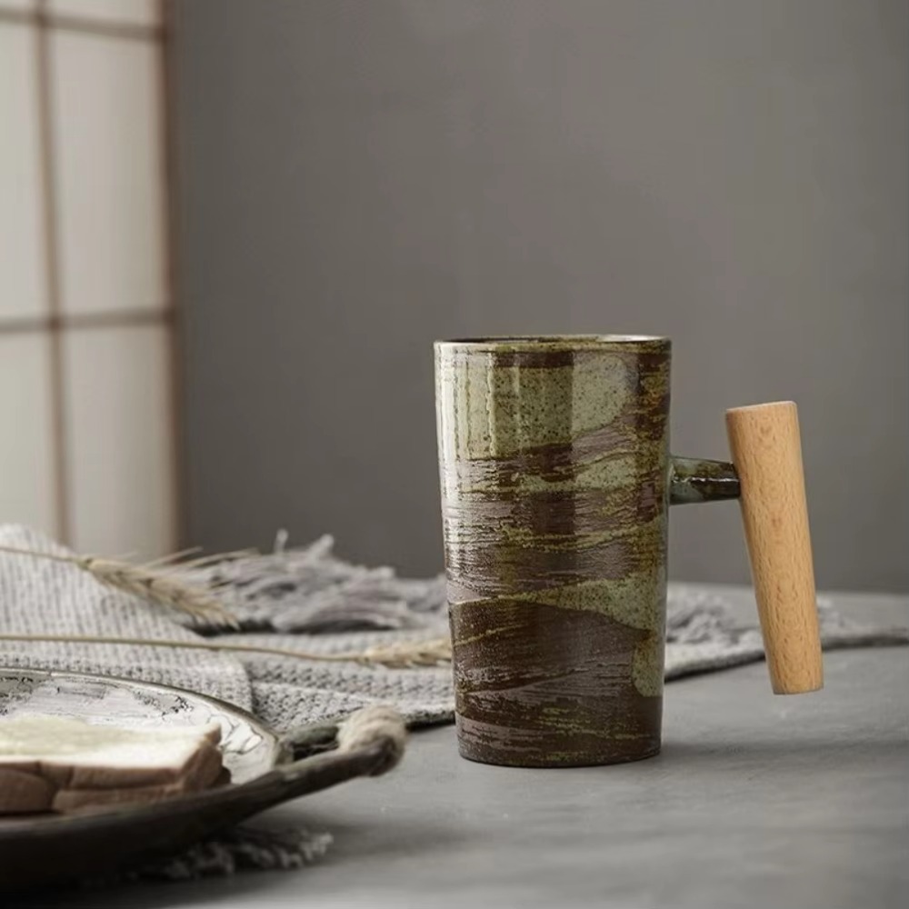 일본풍 디자인의 도자기 커피 머그, 나무 손잡이, 복고 - Japanese Tea 리뷰 및 가격